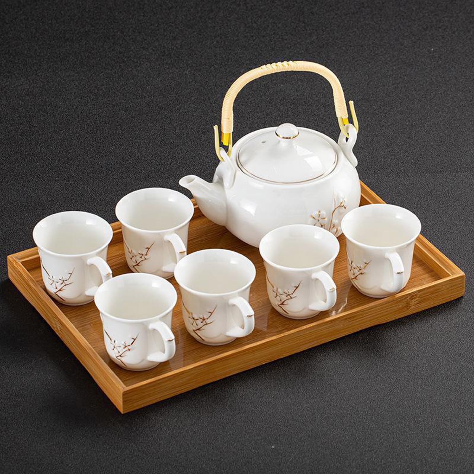 Plum Blossom Ceramic Tea Set - 1 Teapot 6 Cups with Bamboo Tray