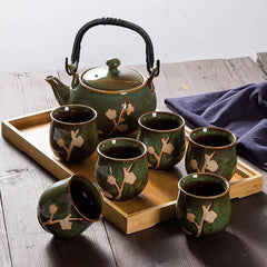 Plum Blossom Ceramic Tea Set - 1 Teapot 6 Cups with Bamboo Tray
