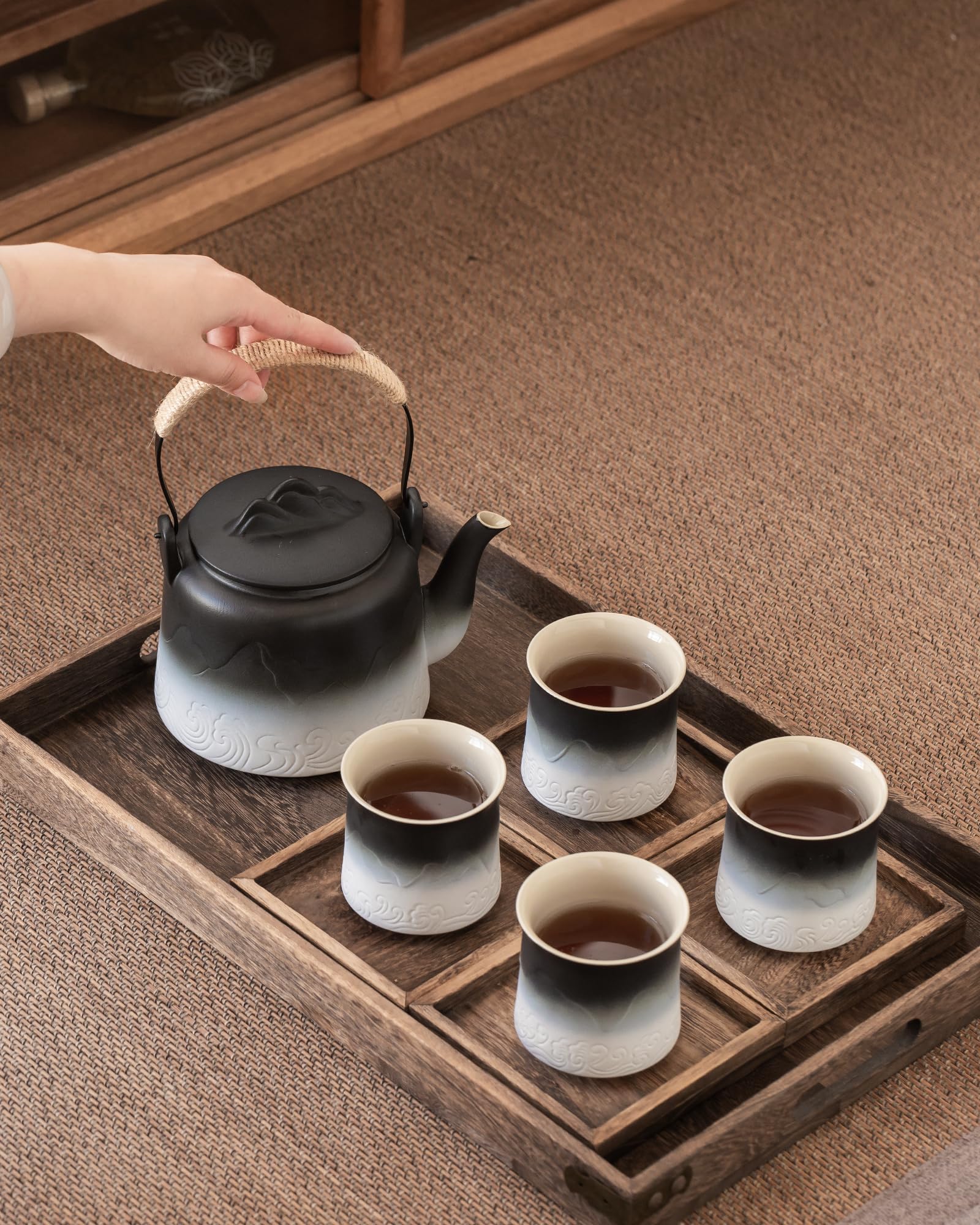 Japanese Gradient Ceramic Teapot Set - 4 Cups with Hemp Handle & Strainer