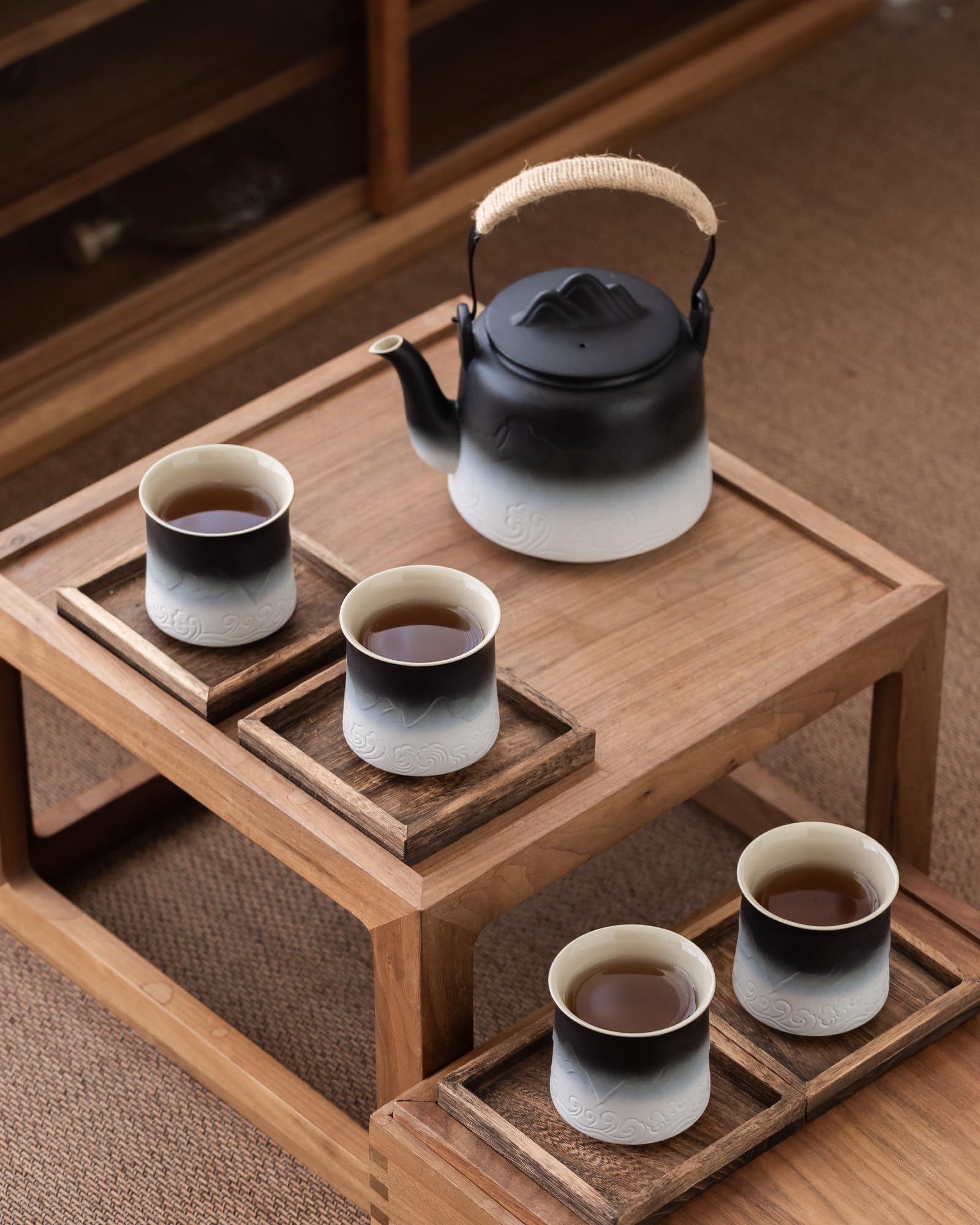 Japanese Gradient Ceramic Teapot Set - 4 Cups with Hemp Handle & Strainer