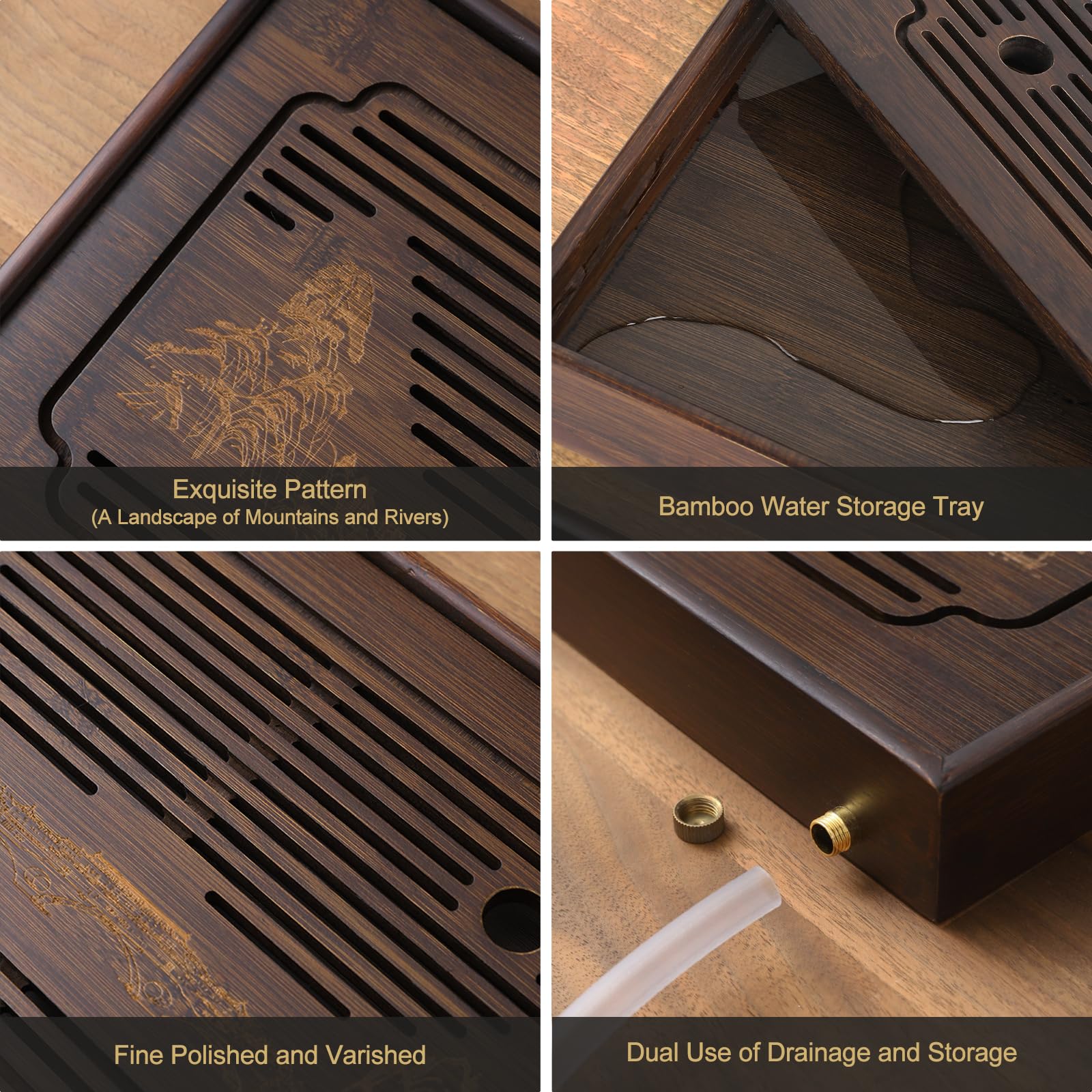 Bamboo Tea Tray with Drainage & Water Pump - Gongfu Tea Serving Board