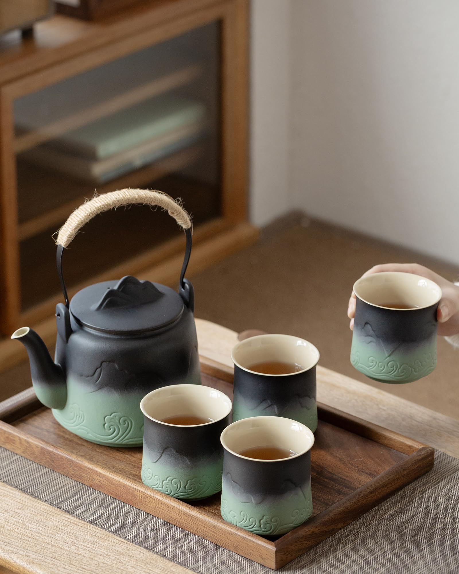 Japanese Gradient Ceramic Teapot Set - 4 Cups with Hemp Handle & Strainer