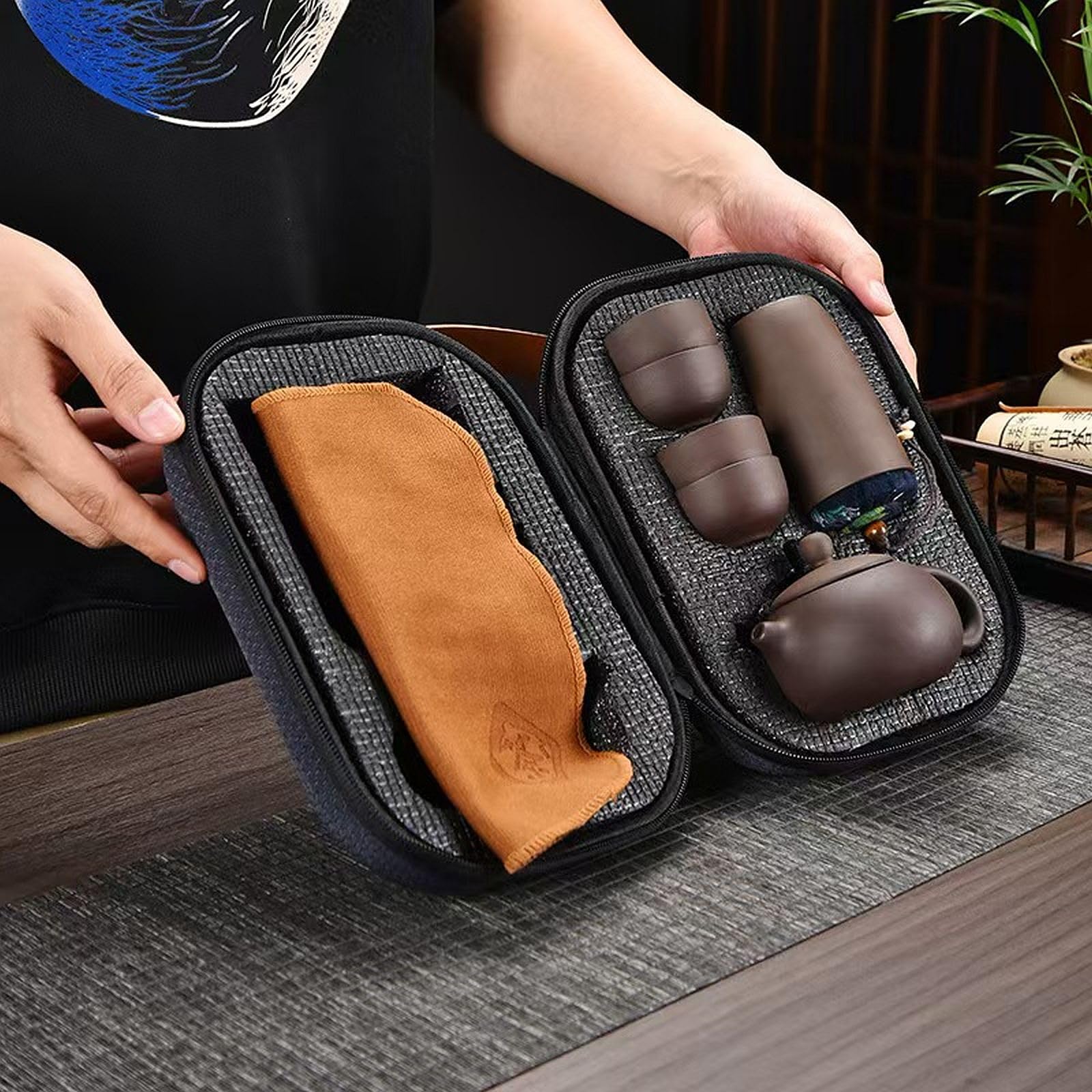 Portable Zisha Clay Tea Set - 4-Piece Travel Kit with Carry Bag