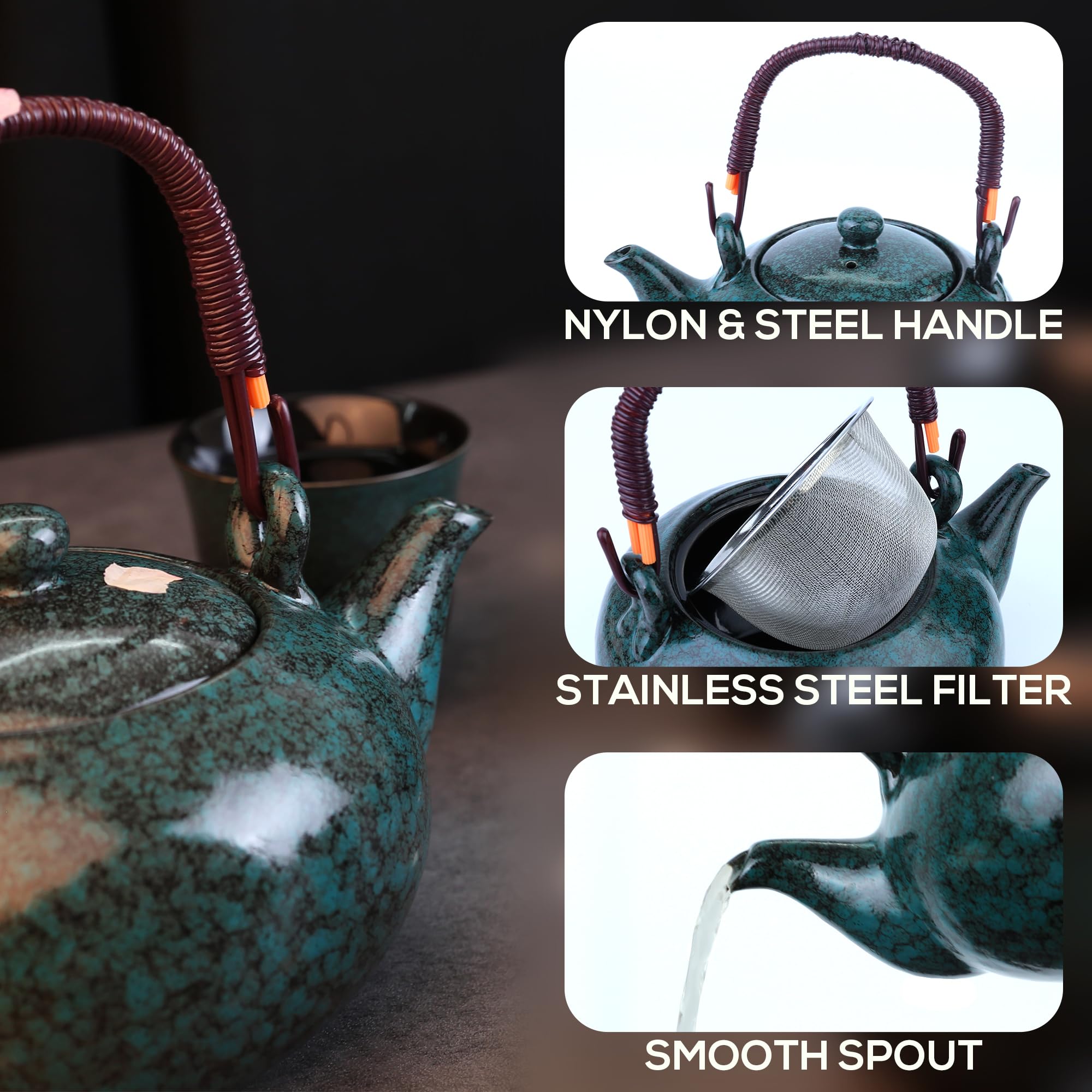 Fambe Blue Porcelain Tea Set - 7-Piece Ceramic Teapot & Cup Set with Stainless Filter