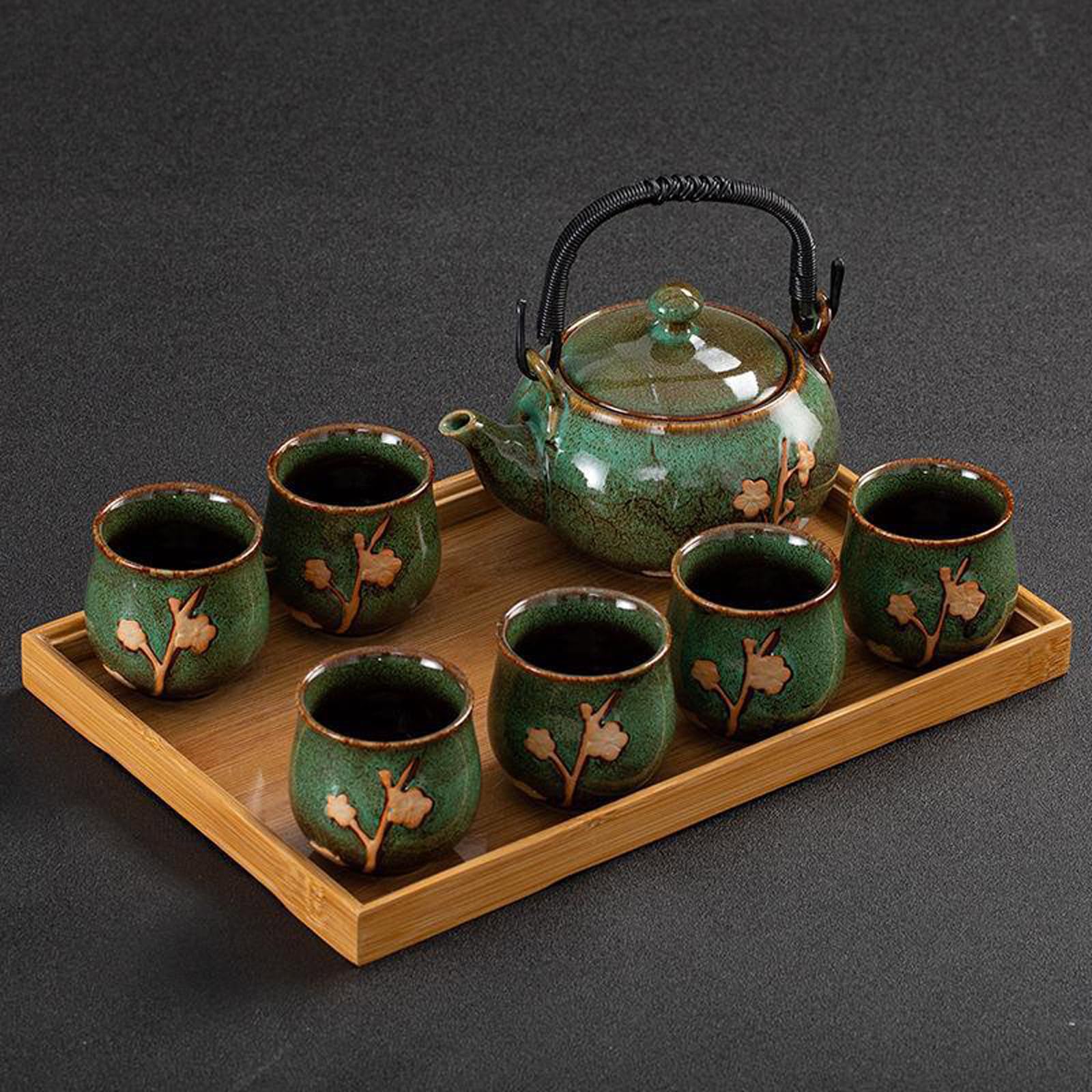Plum Blossom Ceramic Tea Set - 1 Teapot 6 Cups with Bamboo Tray