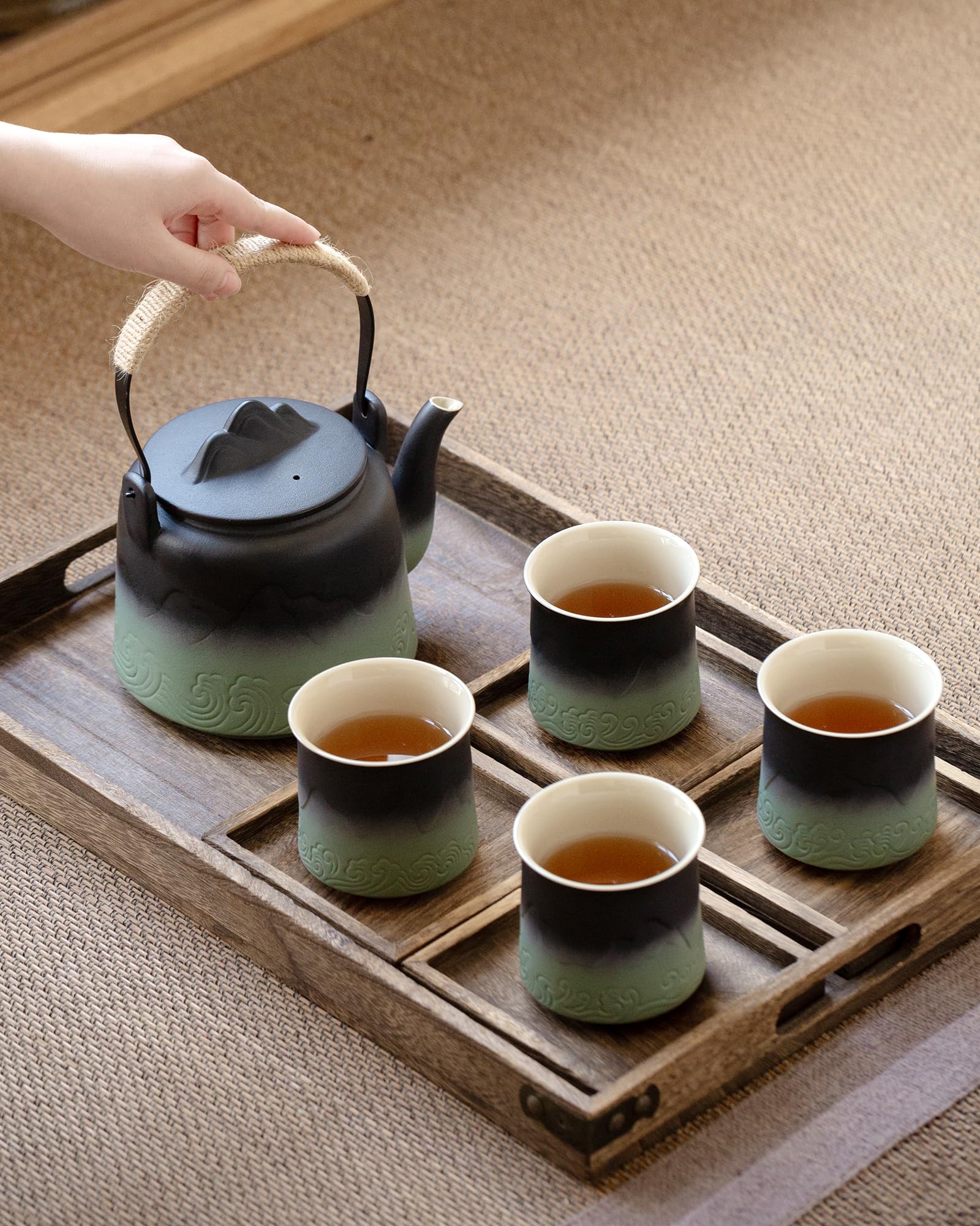 Japanese Gradient Ceramic Teapot Set - 4 Cups with Hemp Handle & Strainer