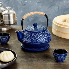 Classic Blue Cast Iron Tea Set - 32oz Pot with Infuser & 4 Cups