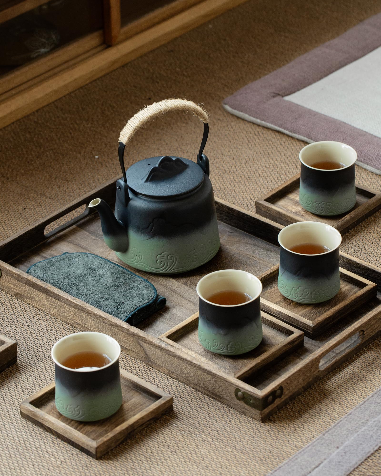 Japanese Gradient Ceramic Teapot Set - 4 Cups with Hemp Handle & Strainer