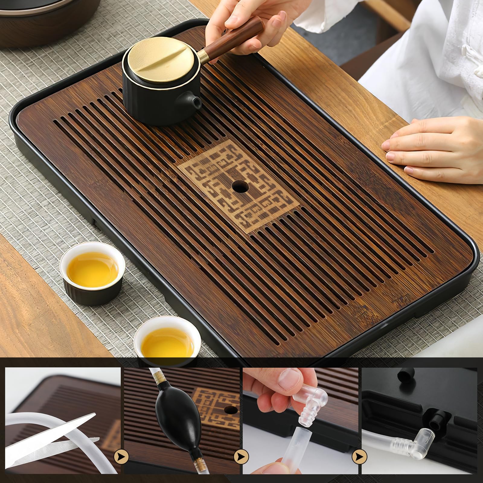 Bamboo Tea Tray with Drainage & Water Pump - Gongfu Tea Serving Board