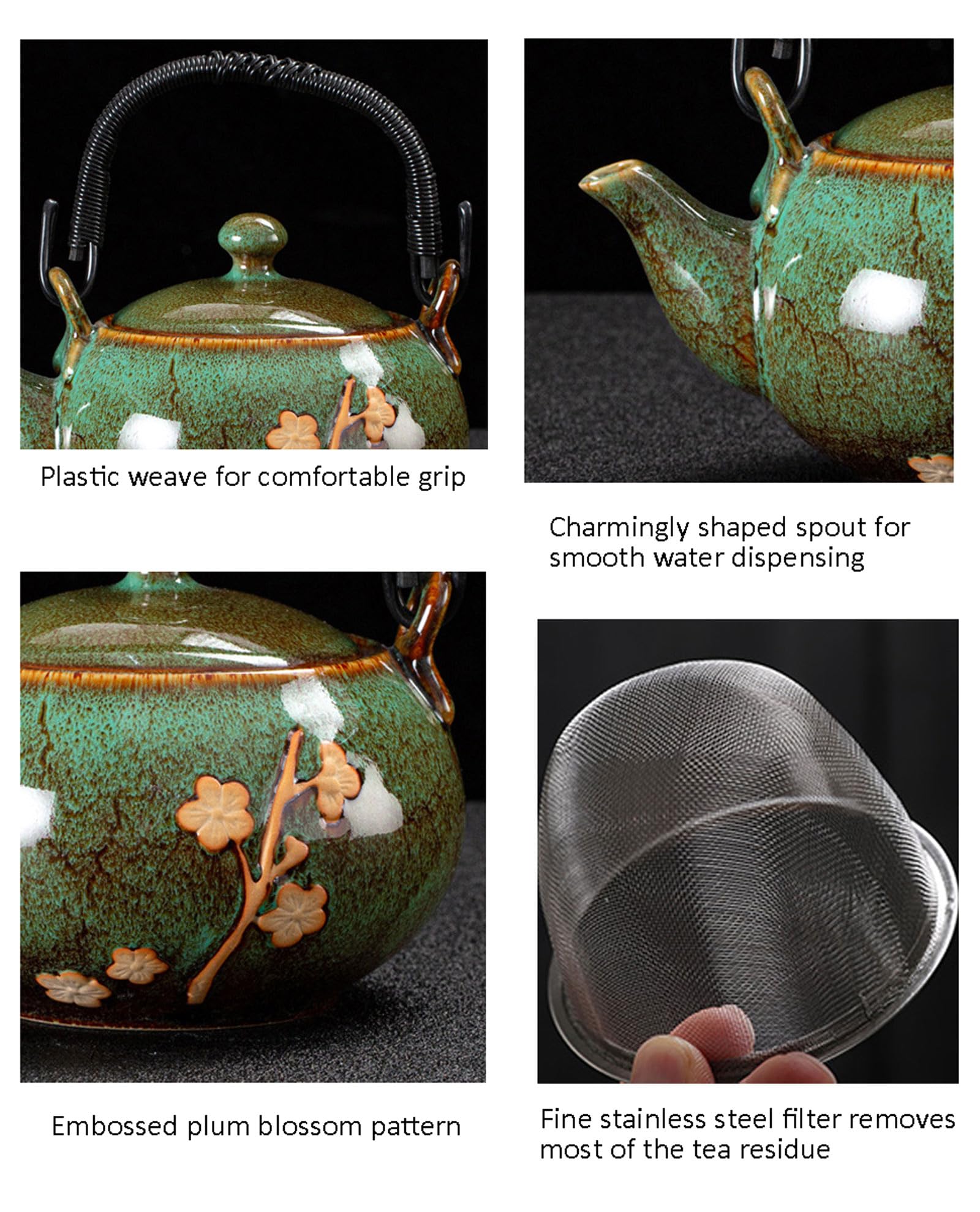 Plum Blossom Ceramic Tea Set - 1 Teapot 6 Cups with Bamboo Tray
