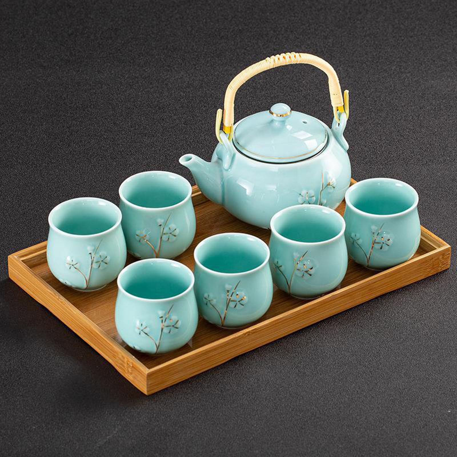 Plum Blossom Ceramic Tea Set - 1 Teapot 6 Cups with Bamboo Tray