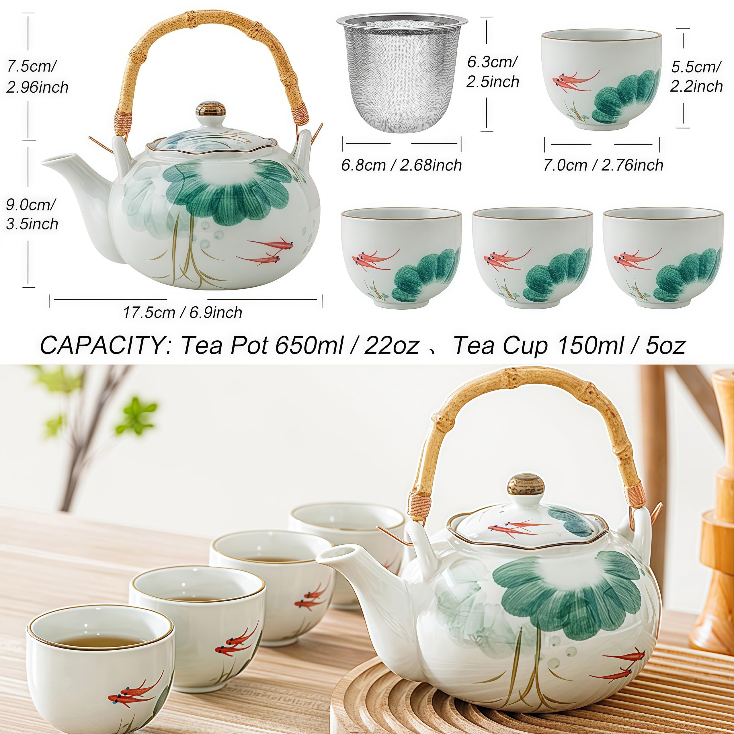 Lotus Koi Ceramic Tea Set - 22oz Teapot with 4 Cups & Bamboo Handle