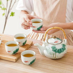 Lotus Koi Ceramic Tea Set - 22oz Teapot with 4 Cups & Bamboo Handle